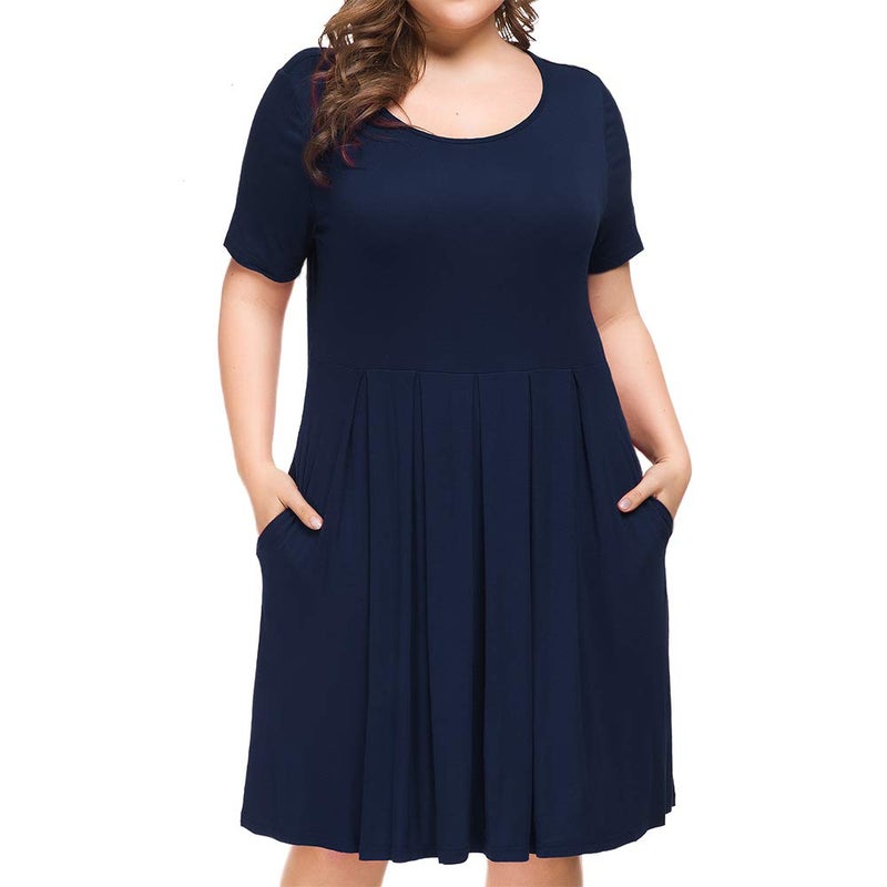 Tralilbee Women Plus Size Casual T-Shirt Swing Dress with Pockets Navy Blue 4XL - Image 2
